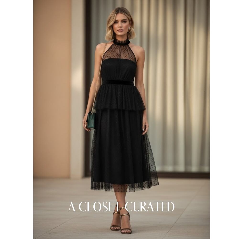 Avec Les Filles Tiered Tulle Halter Midi Dress Black NWT 2